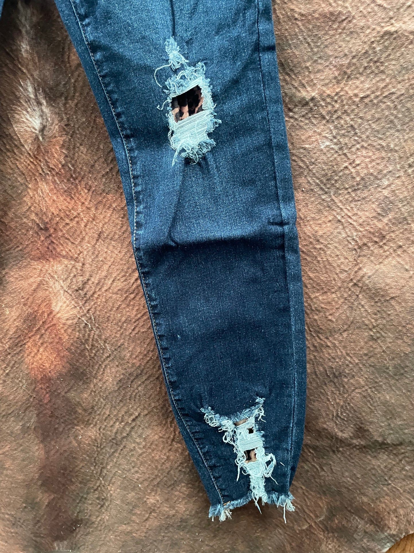 Dark Wash Skinny Jeans With Leopard Patches