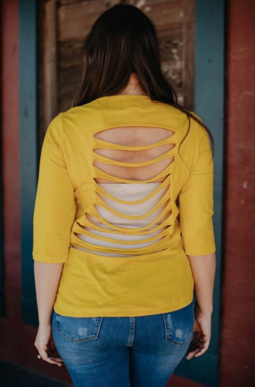 Mustard Shredded Back 3/4 Sleeve Top