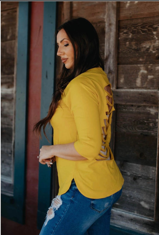 Mustard Shredded Back 3/4 Sleeve Top